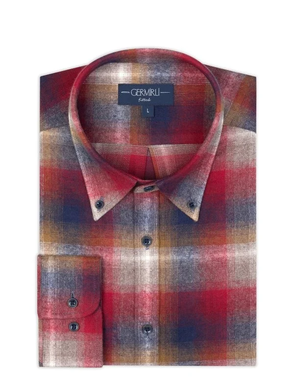 Red Flannel Plaid Albiate Button-Down Collar Tailor Fit Cotton Lumberjack Shirt with Germirli - 2