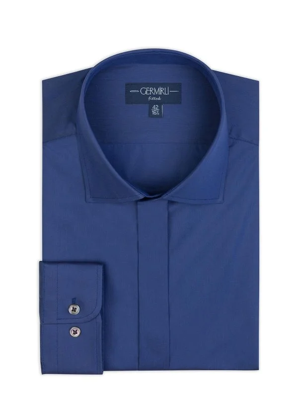 Germirli Saks Blue Tailor Fit Hidden Placket Classic Collar 70/1 Cotton Shirt - 2