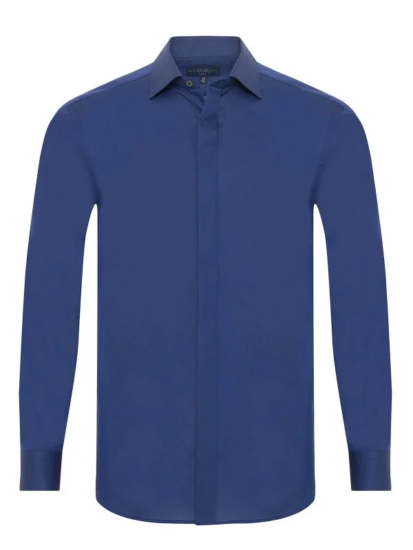 Germirli Saks Blue Tailor Fit Hidden Placket Classic Collar 70/1 Cotton Shirt - 1