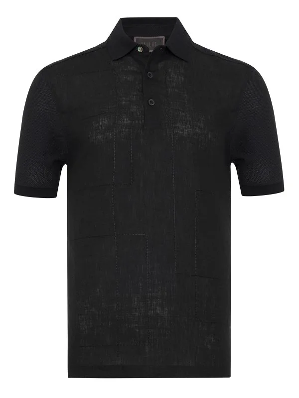 Gallus Black Polo Neck Patterned Regular Fit Cotton Linen T-Shirt - 1