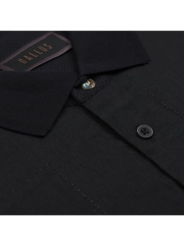 Gallus Black Polo Neck Patterned Regular Fit Cotton Linen T-Shirt - 3