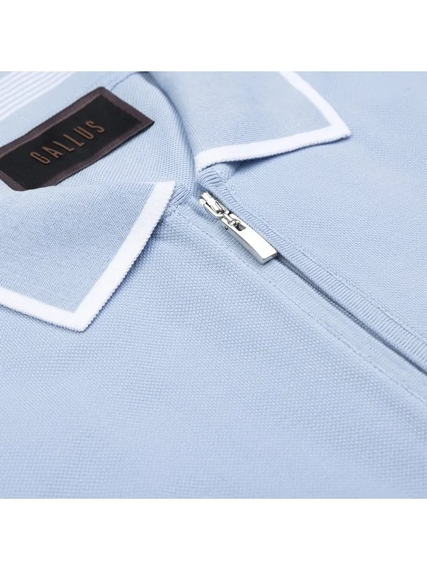 Gallus Blue Zippered Polo Collar Pique Mercerized Regular Fit T-Shirt - 3