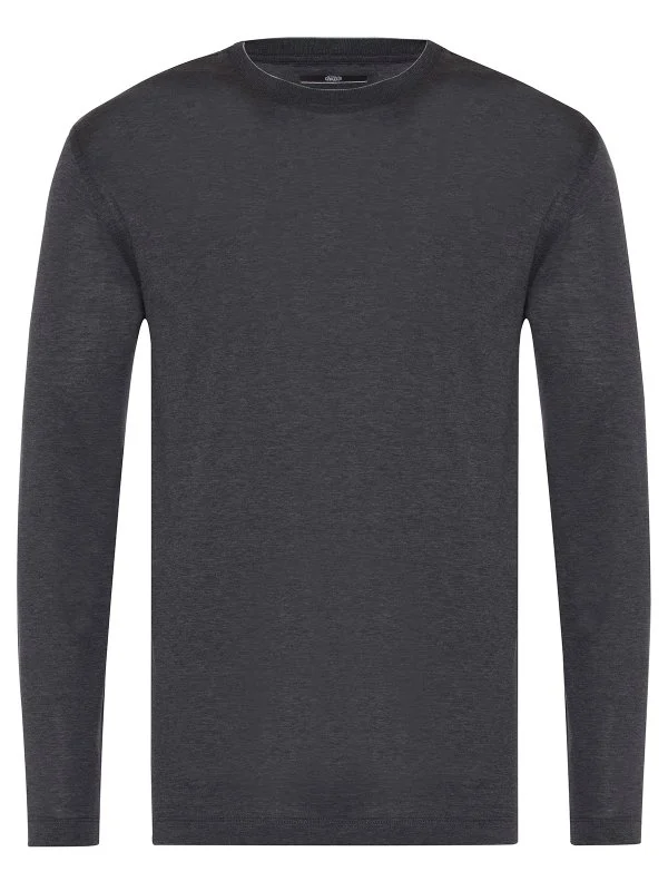 Gallus Grey Melange Slim Fit Knitted Crew Neck Cotton Long Sleeve T-Shirt - 1