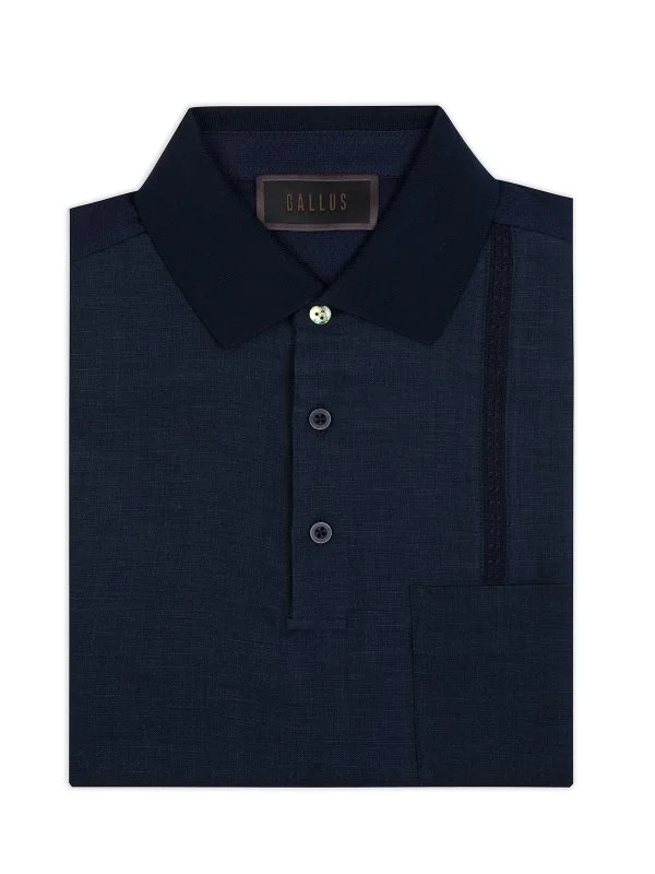Gallus Navy Blue Polo Collar Patterned Pocket Regular Fit Cotton Linen T-Shirt - 2