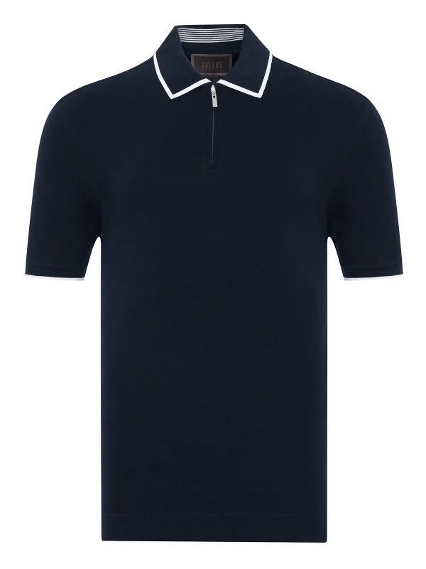 Gallus Navy Blue Zippered Polo Collar Pique Mercerized Regular Fit T-Shirt - 1