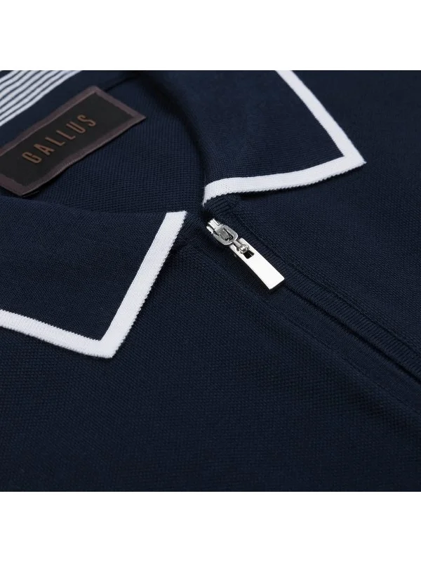 Gallus Navy Blue Zippered Polo Collar Pique Mercerized Regular Fit T-Shirt - 3