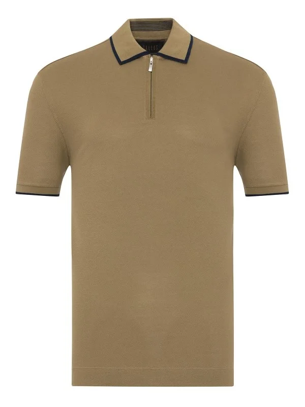 Gallus Olive Green Zippered Polo Collar Pique Mercerized Regular Fit T-Shirt - 1