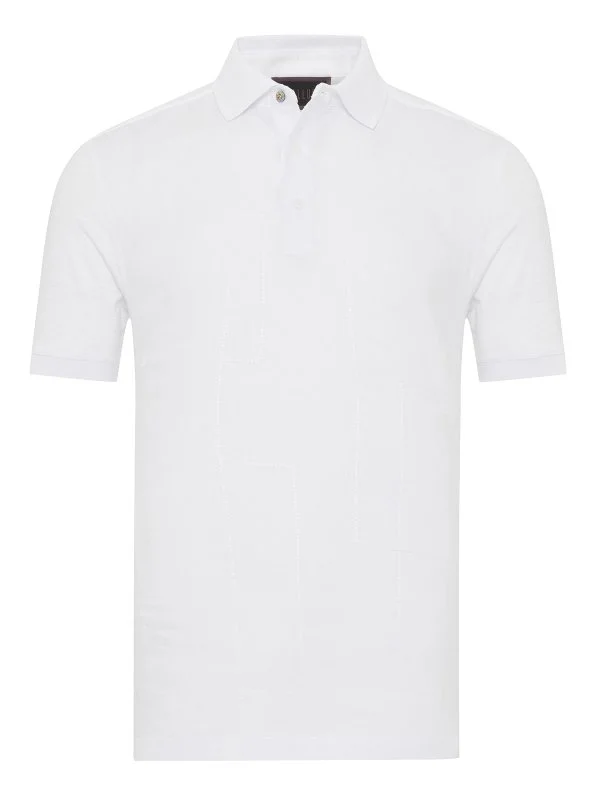 Gallus White Polo Neck Patterned Regular Fit Cotton Linen T-Shirt - 1