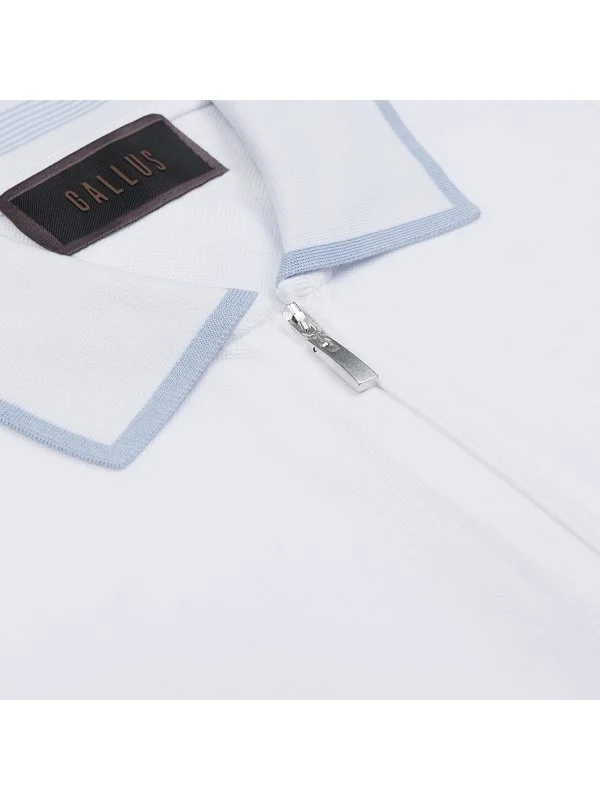 Gallus White Zippered Polo Collar Pique Mercerized Regular Fit T-Shirt - 3