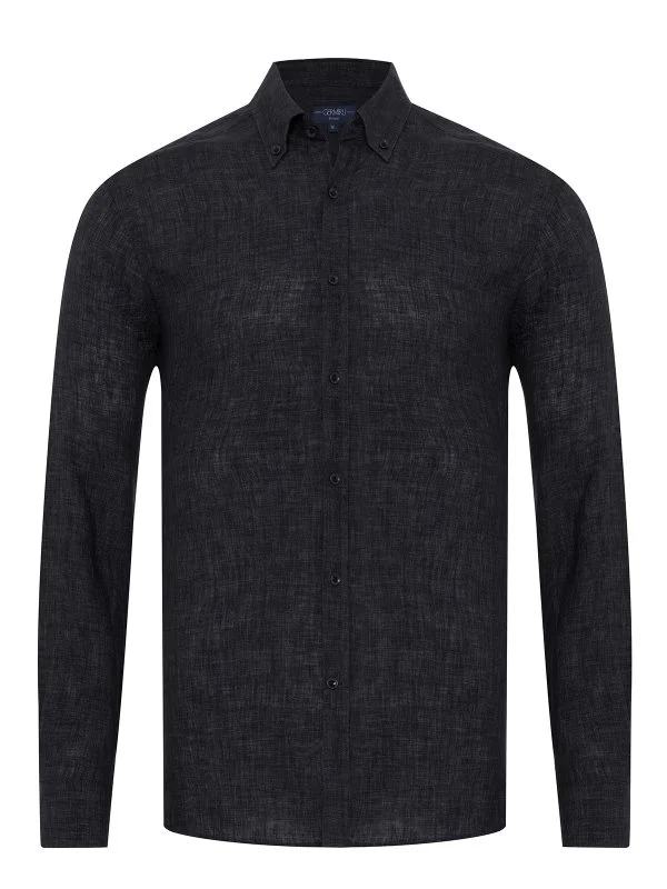 Germirli Albini Anthracite Button-down Collar Tailor Fit Delave Linen Shirt - 1