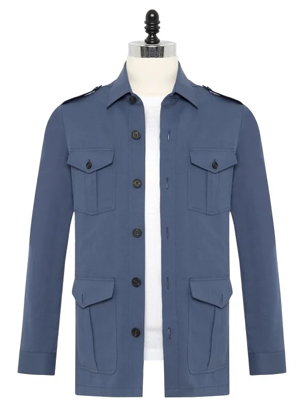 Germirli Albini Aviator Blue Utility Flap Pocket Cotton Linen Safari Jacket Shirt - 1