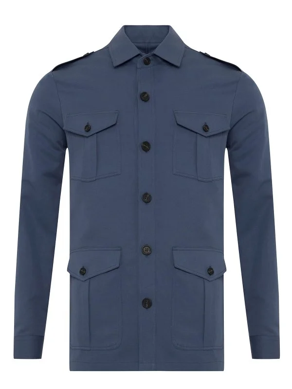 Germirli Albini Aviator Blue Utility Flap Pocket Cotton Linen Safari Jacket Shirt - 4