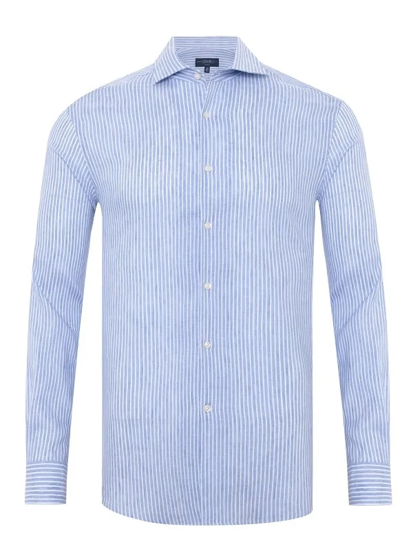 Germirli Albini Blue White Striped Nevapas Lapel Collar Linen Shirt - 3
