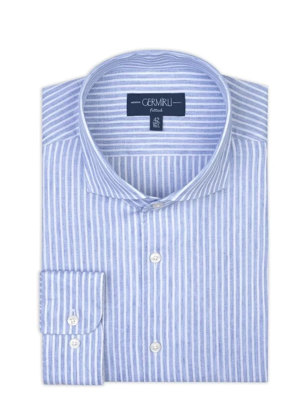 Germirli Albini Blue White Striped Nevapas Lapel Collar Linen Shirt - 6