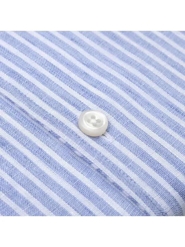 Germirli Albini Blue White Striped Nevapas Lapel Collar Linen Shirt - 7