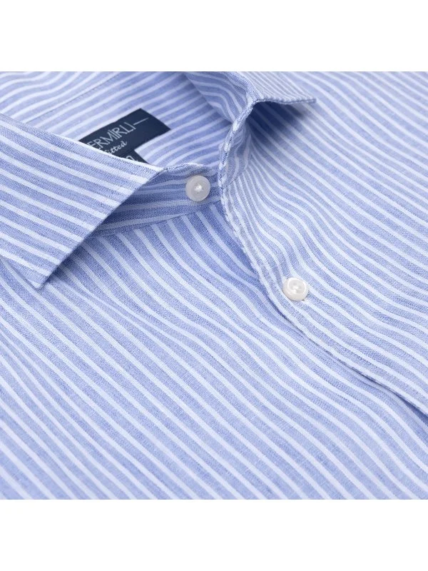 Germirli Albini Blue White Striped Nevapas Lapel Collar Linen Shirt - 9