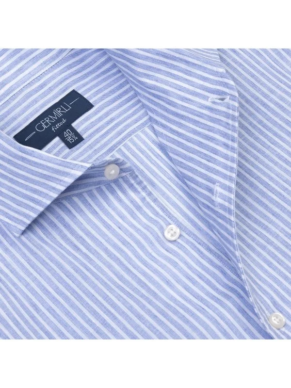 Germirli Albini Blue White Striped Nevapas Lapel Collar Linen Shirt - 1