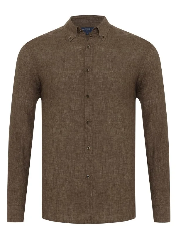 Germirli Albini Brown Button-down Collar Tailor Fit Delave Linen Shirt - 1
