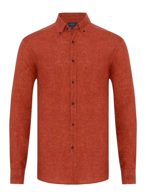 Germirli Albini Burnt Orange Button-down Collar Tailor Fit Delave Linen Shirt - 1