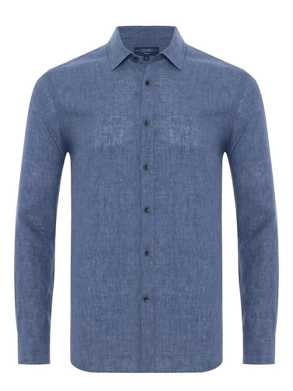 Germirli Albini Soft Collar Tailor Fit Aviator Blue Delave Linen Shirt - 1