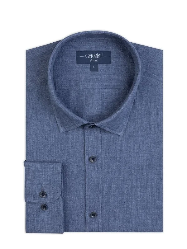 Germirli Albini Soft Collar Tailor Fit Aviator Blue Delave Linen Shirt - 2