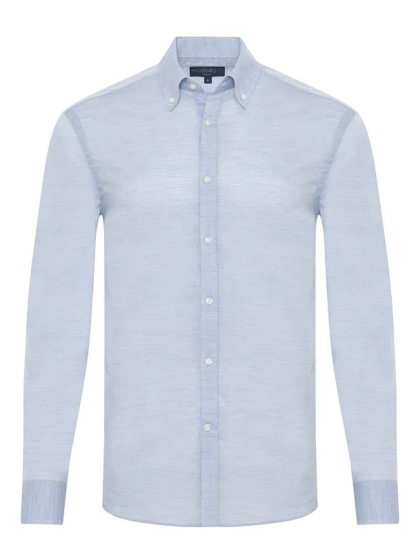 Germirli Albini Button-down Collar Tailor Fit Blue Cotton Voile Men's Shirt - 1