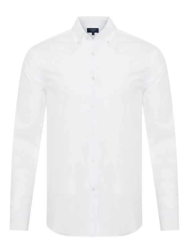 Germirli Albini Button Down Collar Tailor Fit White Self-Striped Cotton Voile Men's Shirt - 1