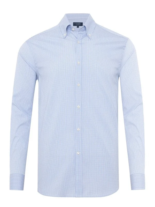 Germirli Albini Exclusive Blue Gingham Piumino 120 Tailor Fit Cotton Shirt - 1