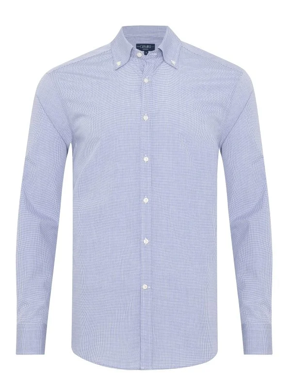 Germirli Albini Exclusive Navy Blue Gingham Patterned Button-down Collar Tailor Fit Cotton Shirt - 3