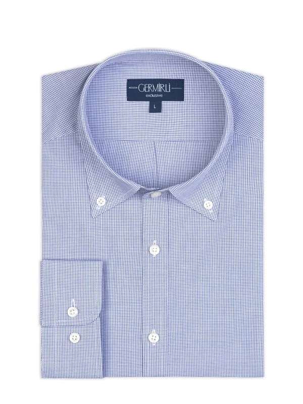 Germirli Albini Exclusive Navy Blue Gingham Patterned Button-down Collar Tailor Fit Cotton Shirt - 1