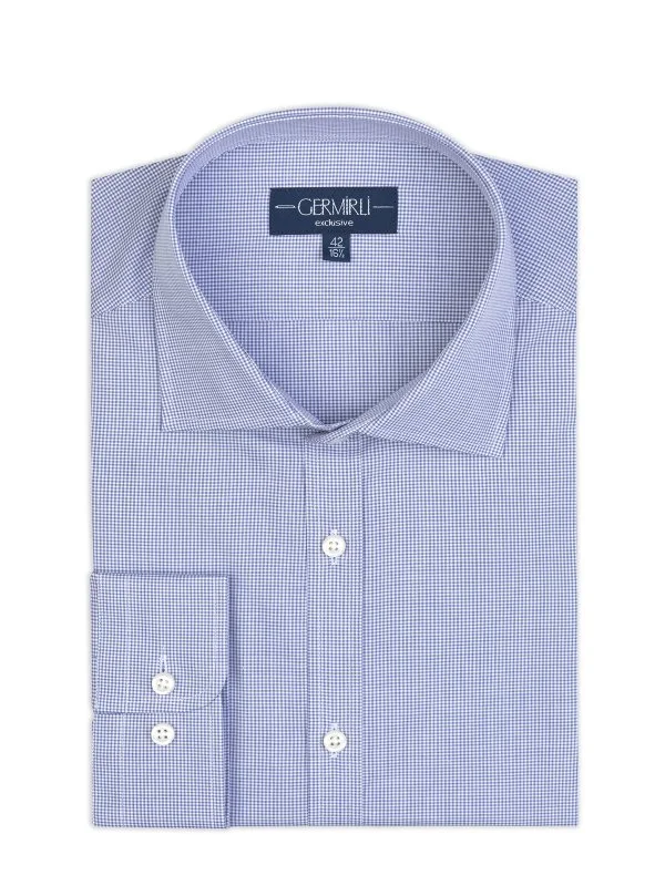 Germirli Albini Exclusive Navy Blue Gingham Tailor Fit Cotton Shirt - 3