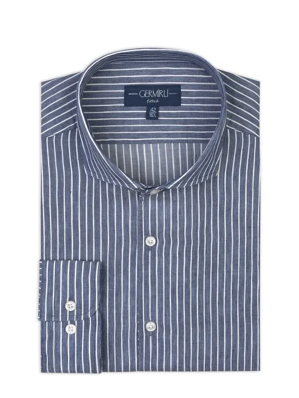 Germirli Albini Indigo White Striped Nevapas Lapel Collar Linen Lyocell Shirt - 5