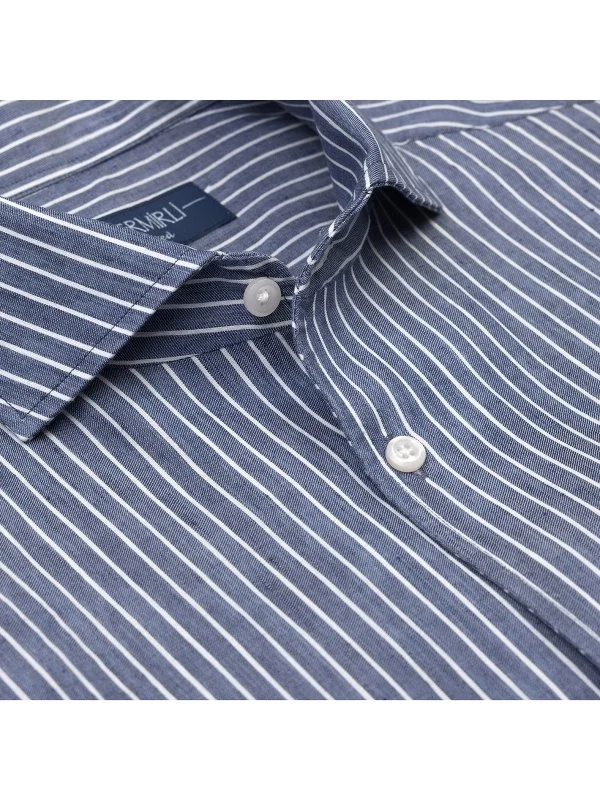 Germirli Albini Indigo White Striped Nevapas Lapel Collar Linen Lyocell Shirt - 9