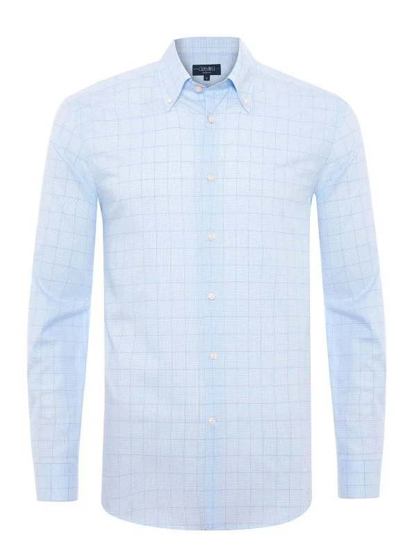 Germirli Albini Natural Germirli Exclusive Blue Patterned Tailor Fit Button-down Collar Organic Cotton Shirt - 1