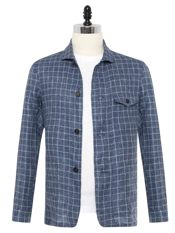 Germirli Albini Navy Blue Checkered Beyoğlu Linen Jacket Shirt - 1