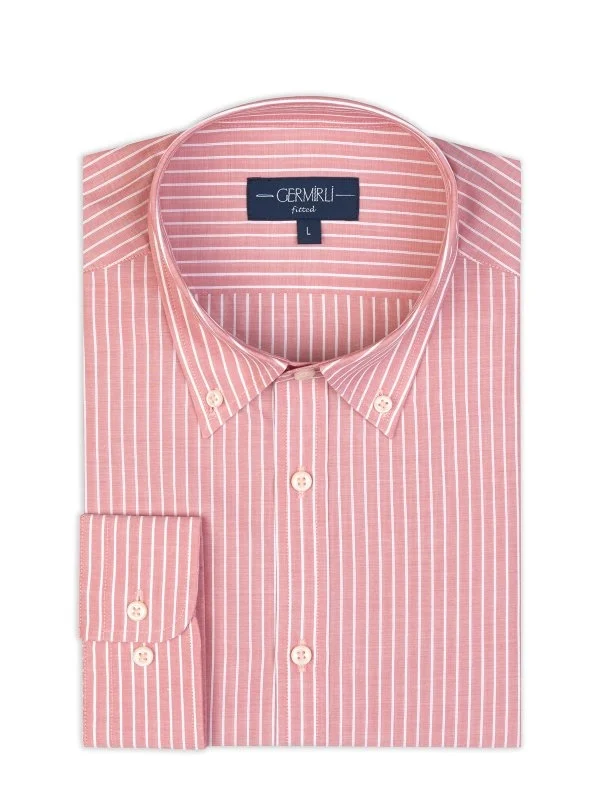 Germirli Albini Salmon Color Striped Button-down Collar Tailor Fit Cotton Shirt - 2