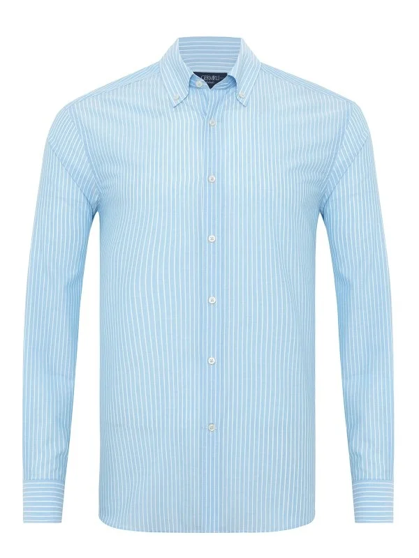 Germirli Albini Turquoise Striped Button-Down Collar Tailor Fit Cotton Shirt - 1