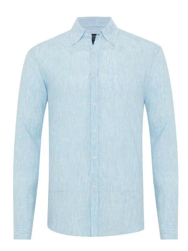 Germirli Albini Turquoise White Striped Button-down Collar Pure Linen Shirt - 1