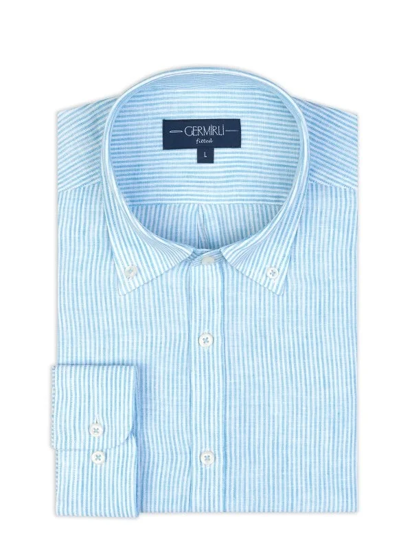 Germirli Albini Turquoise White Striped Button-down Collar Pure Linen Shirt - 2