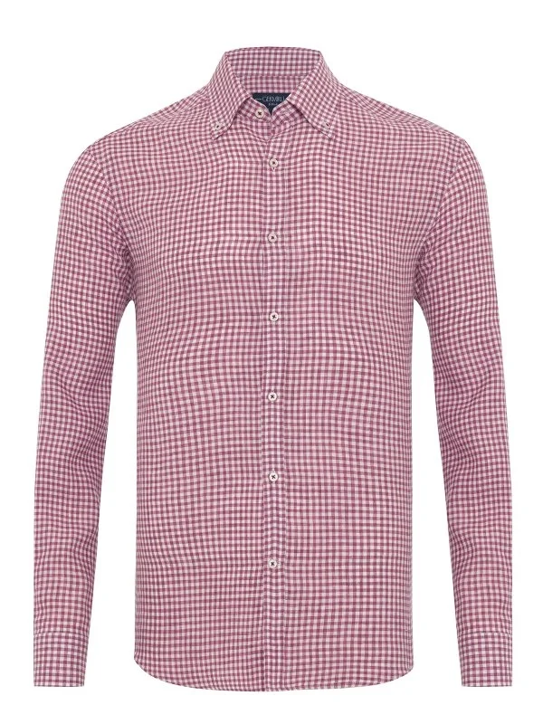 Germirli Albini Cherry White Gingham Button-down Collar Tailor Fit Delave Linen Shirt - 1