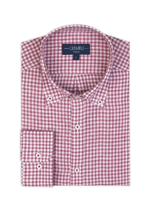 Germirli Albini Cherry White Gingham Button-down Collar Tailor Fit Delave Linen Shirt - 2