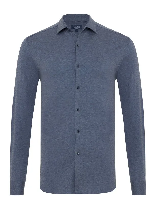 Germirli Aviator Blue Melange Albini Active 4Flex Soft Collar Slim Fit Shirt - 1