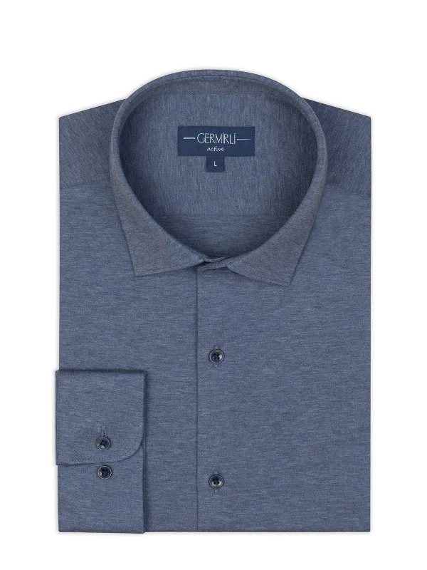 Germirli Aviator Blue Melange Albini Active 4Flex Soft Collar Slim Fit Shirt - 2