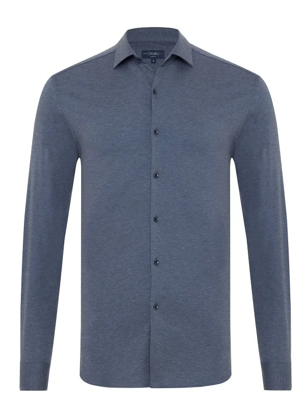 Germirli Aviator Blue Melange Albini Active 4Flex Soft Collar Slim Fit Shirt - 1