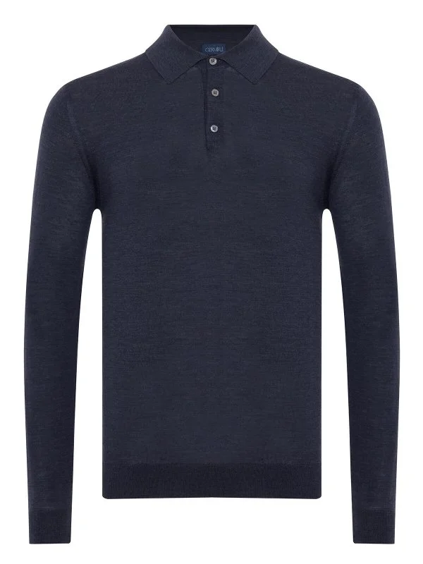 Germirli Aviator Blue Buttoned Polo Collar Regular Fit Extra Fine Wool Men's Sweater - 1