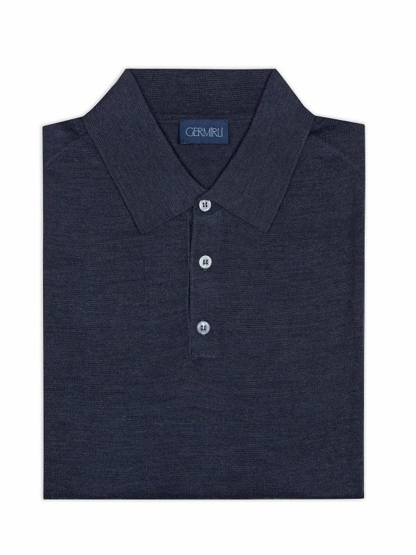 Germirli Aviator Blue Buttoned Polo Collar Regular Fit Extra Fine Wool Men's Sweater - 2