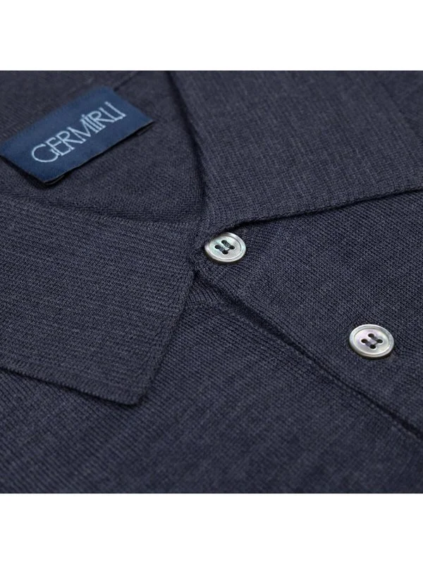 Germirli Aviator Blue Buttoned Polo Collar Regular Fit Extra Fine Wool Men's Sweater - 3