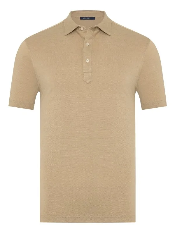 Beige Piquet Shirt Collar Regular Fit Mercerized Cotton Tencel T-Shirt with Germirli - 1