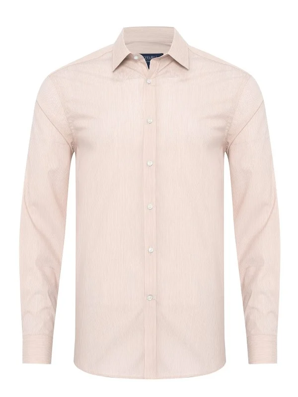 Beige White Striped Soft Collar Tailor Fit Shirt with Germirli - 1