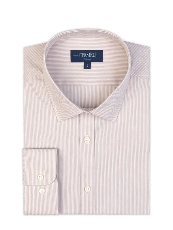 Beige White Striped Soft Collar Tailor Fit Shirt with Germirli - 2